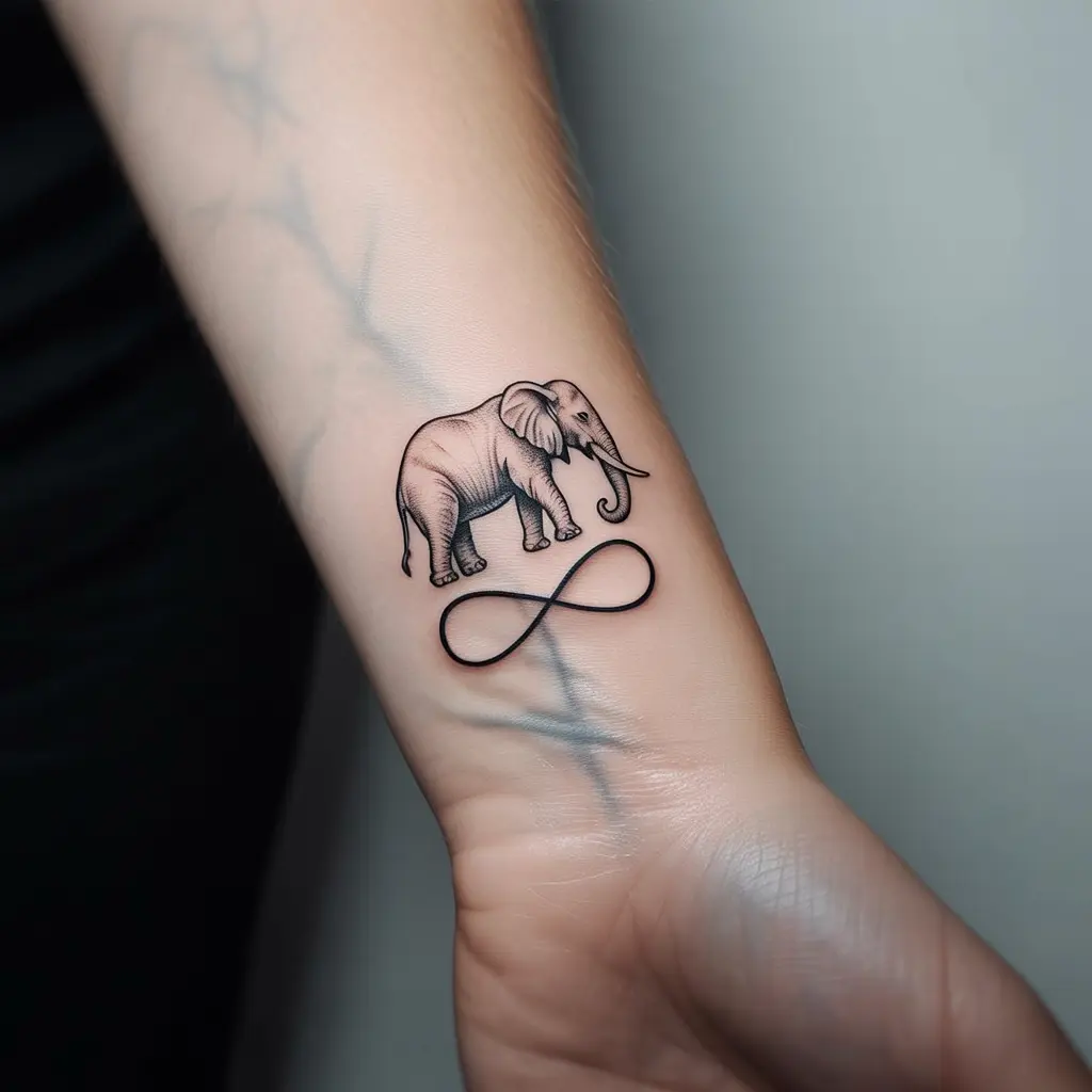 "Minimalist elephant tattoo with infinity knot on wrist, small black line elephant tattoos representing eternal love and unbreakable bonds."