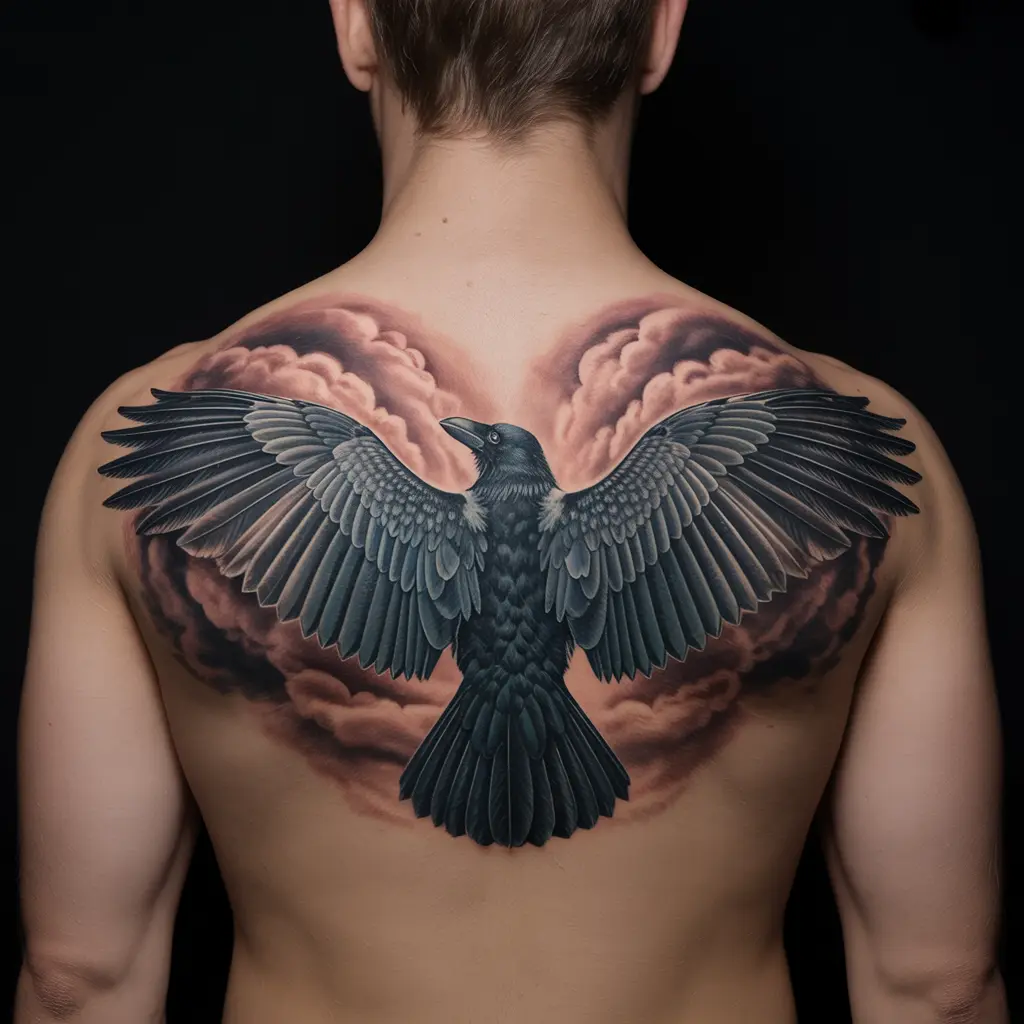 “Back raven tattoo featuring large raven wings surrounded by storm clouds, detailed black and gray shading.”