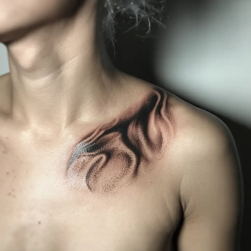 Veil of Smoke collar bone tattoo with soft shaded ink creating a smoky, abstract effect along the collar bone for a mysterious style.