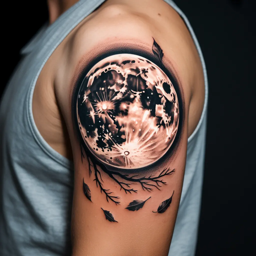 "Harvest Moon Silhouette fall tattoo on upper arm, black and grey moon with tree branches and falling leaves"