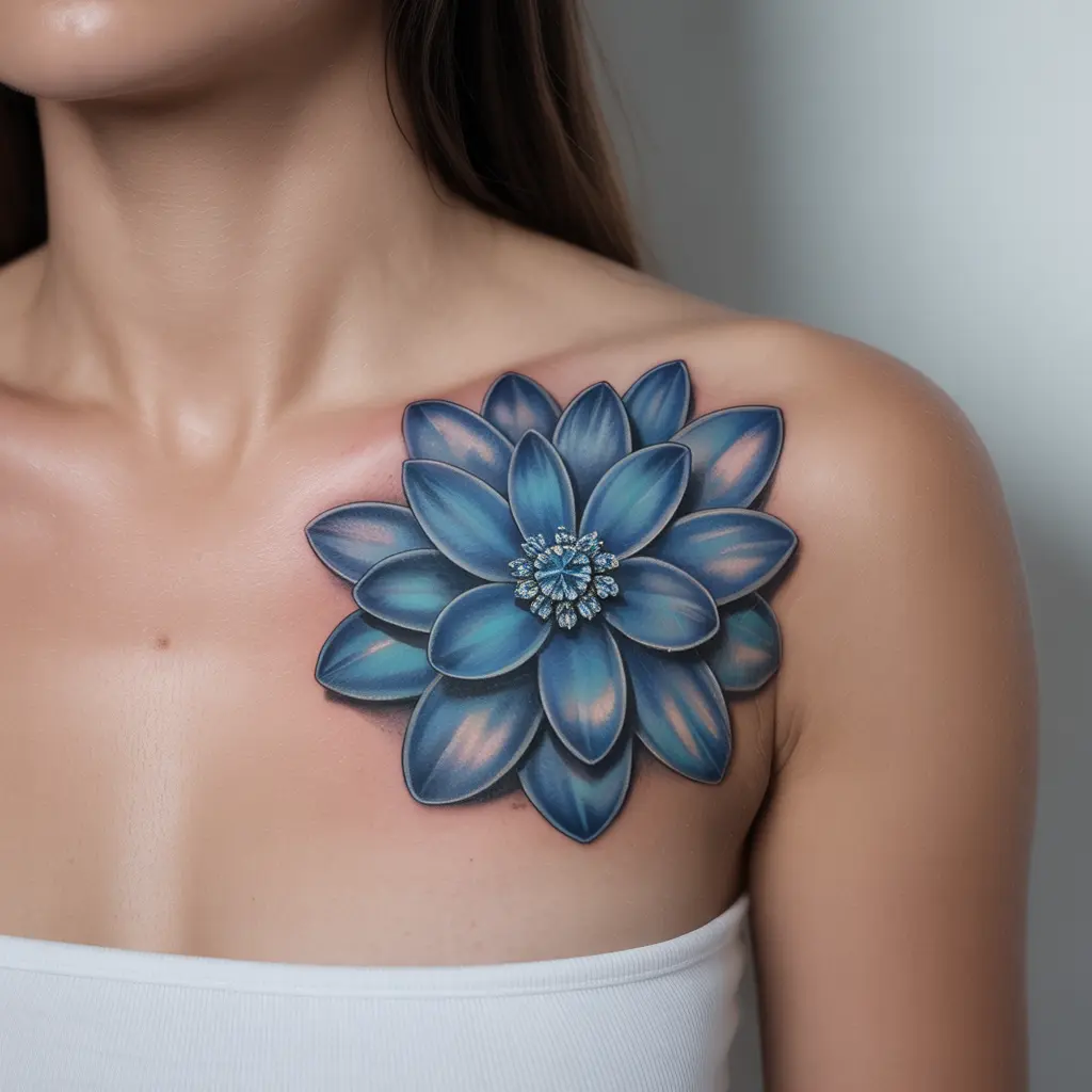 Sapphire Petals — Jewelled Flower Chest Design
Sapphire Petals chest tattoo female with layered blue gemstone-inspired floral petals across the chest.