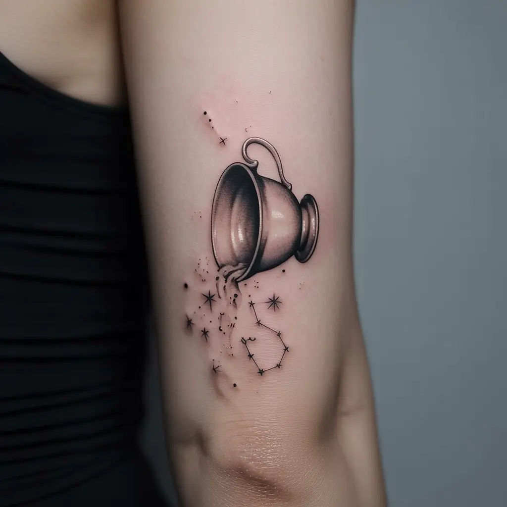 "Midnight Teacup and Spilled Constellations whimsigoth tattoo with gothic teacup pouring stars on inner arm"