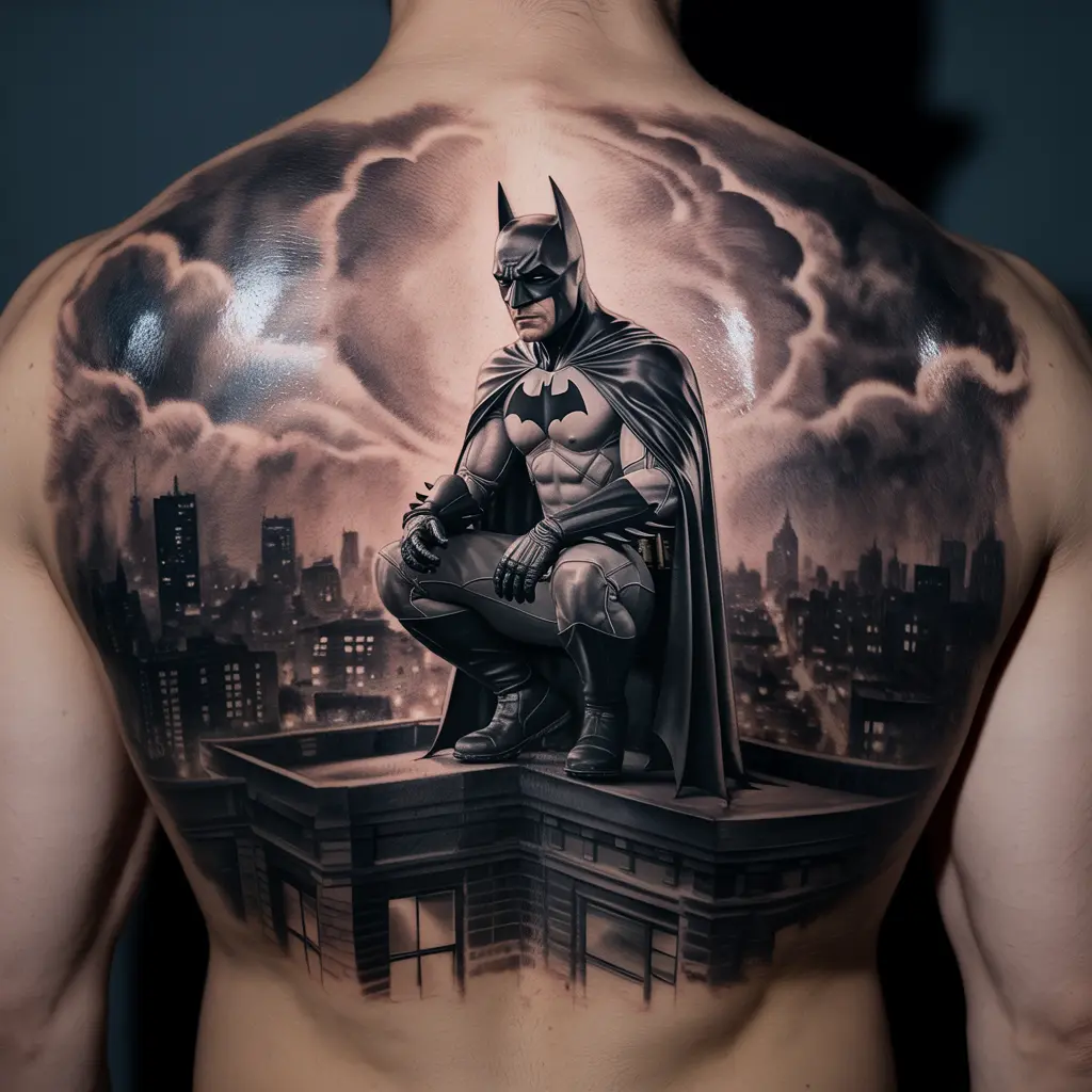 “Back Batman tattoo of the Dark Knight perched alone on a rooftop above Gotham, symbolizing isolation and duty.”