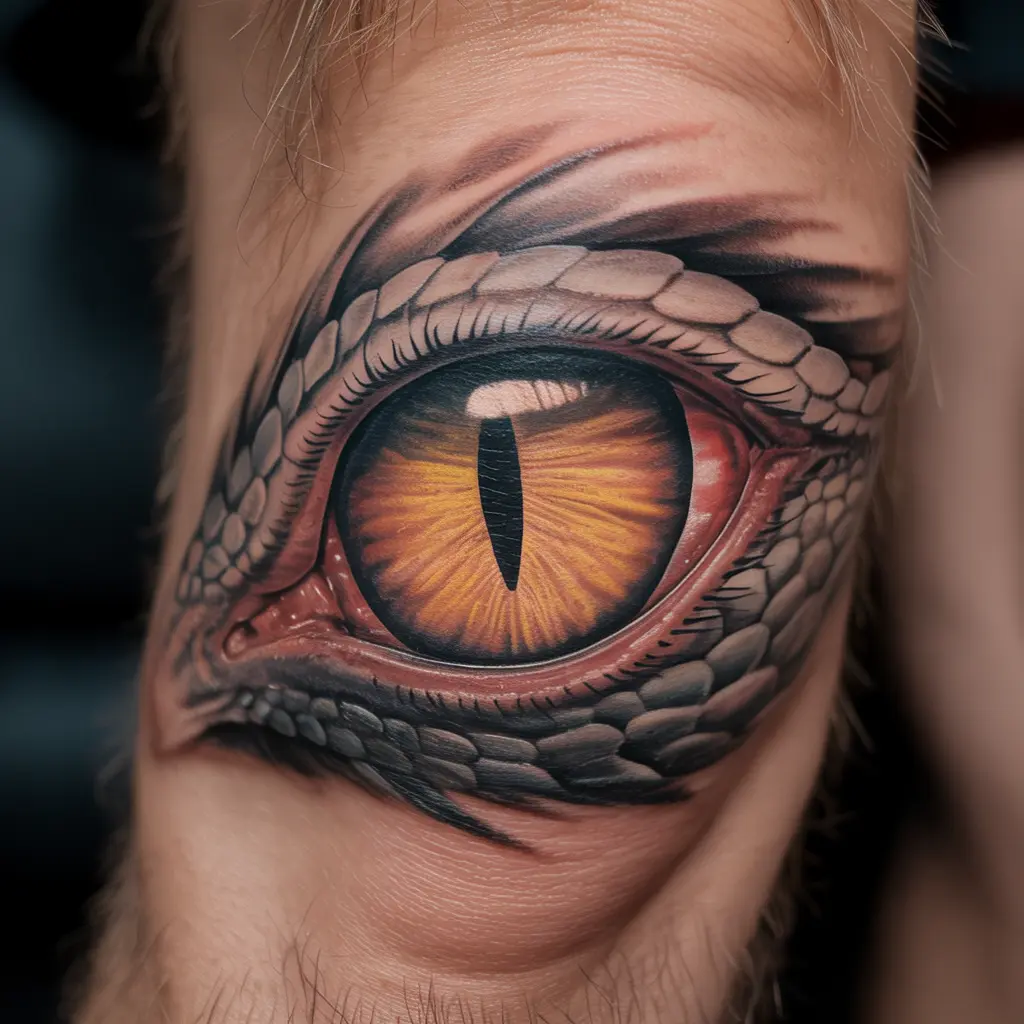 Dragon eye knee cap tattoo with fiery orange iris, black slit pupil, and detailed scales.

