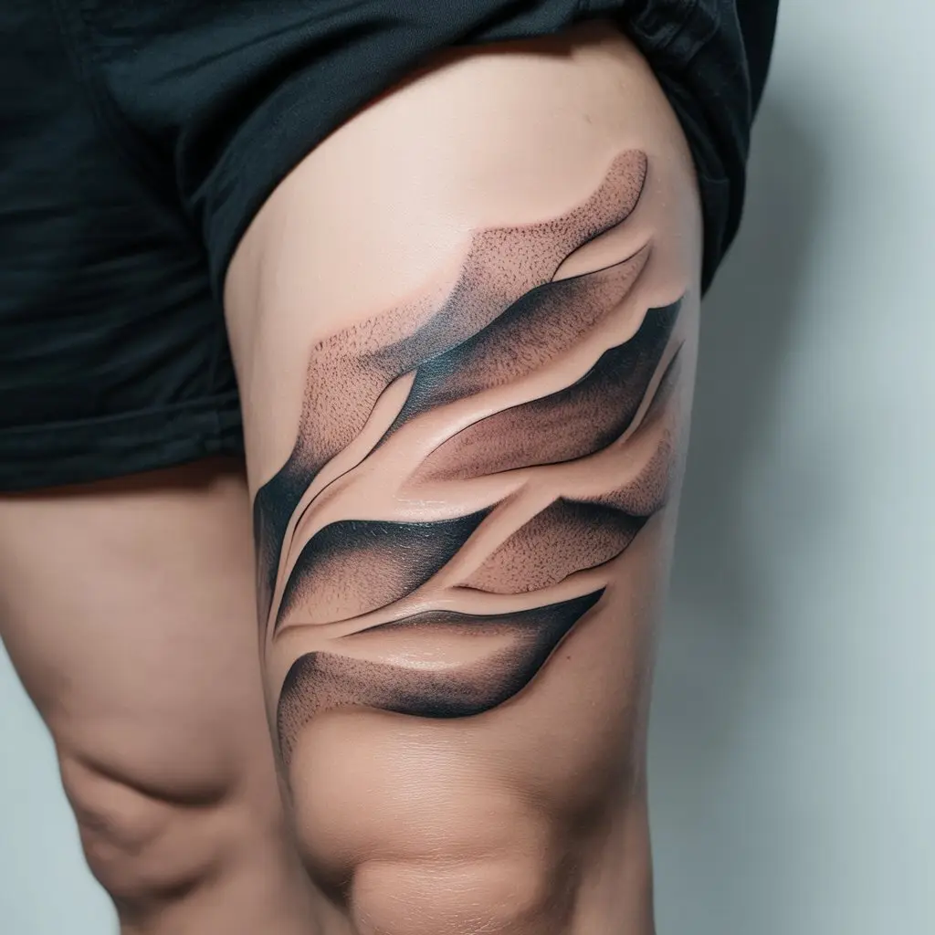 "Abstract tattoo designs — dreamwave fragments tattoo on thigh with flowing dreamlike curves and waves."