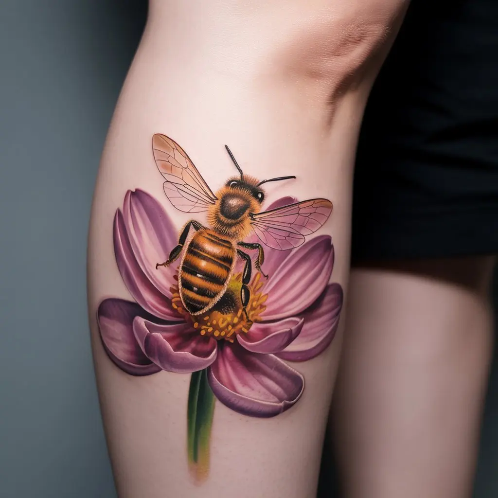Guardian of the Garden
"Guardian of the Garden Honey Bee Tattoo on calf with bee perched on blooming flower, celebrating nature and protection."