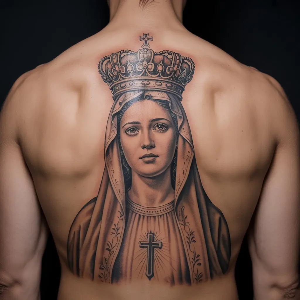 Crowned Virgin Mary tattoo of faith on upper back, realistic shading and intricate crown design symbolizing purity and divine royalty."
