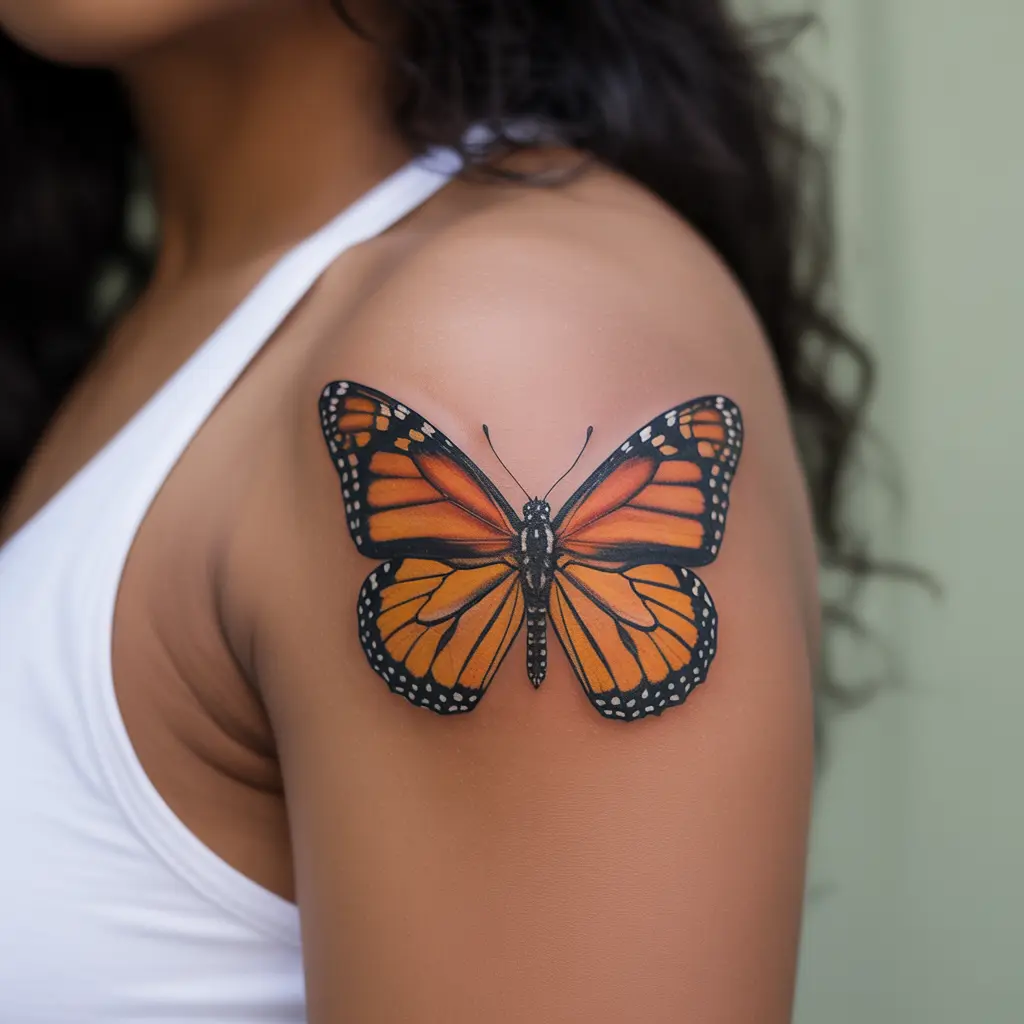 Black women tattoos – vibrant butterfly tattoo on shoulder blade, symbolizing transformation and freedom in realistic detail.