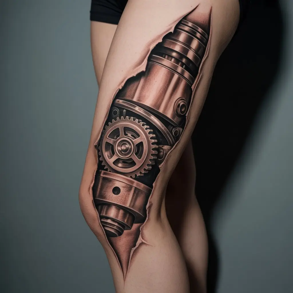 Biomechanical Design – leg tattoos women revealing gears and pistons beneath the skin in a realistic torn-skin style.

