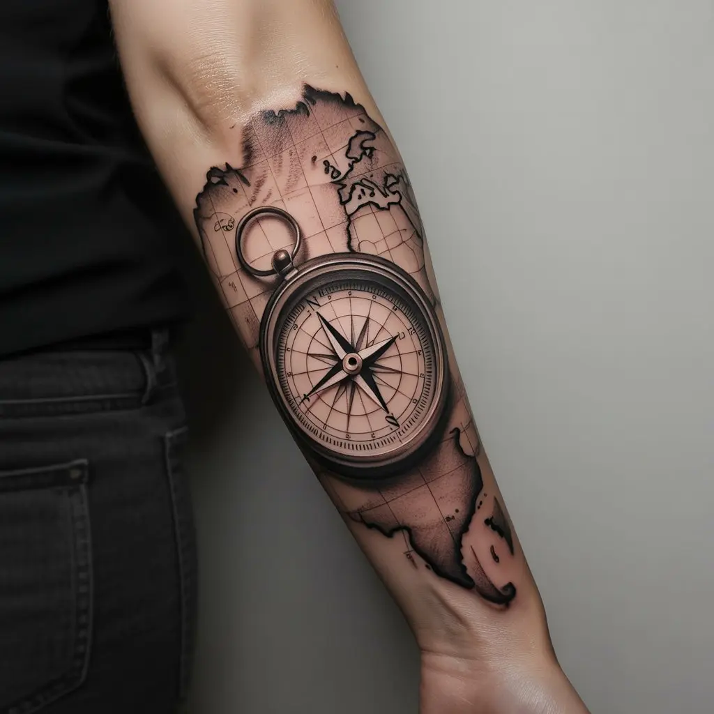 Forearm tattoo women – Compass with world map forearm tattoo in realistic black and grey

