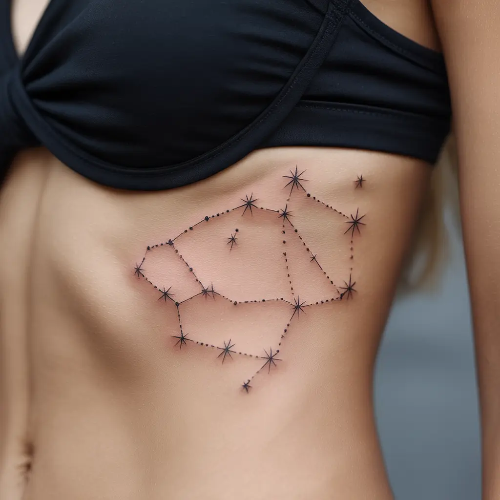 female tattoo ideas constellation map written in the stars — Constellation map tattoo on a woman’s ribcage, fine white ink details.

