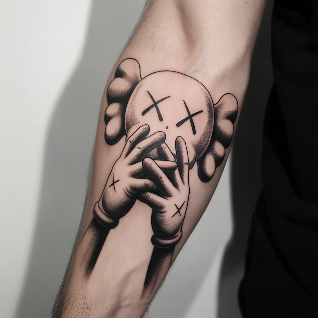 Detailed KAWS tattoo of gloved hands, forearm placement reflecting hidden emotions and silent strength.
