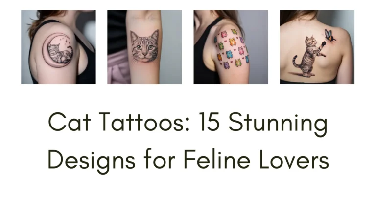 Vibrant watercolor cat tattoo design with a playful feline surrounded by colorful floral and celestial elements on a white background.