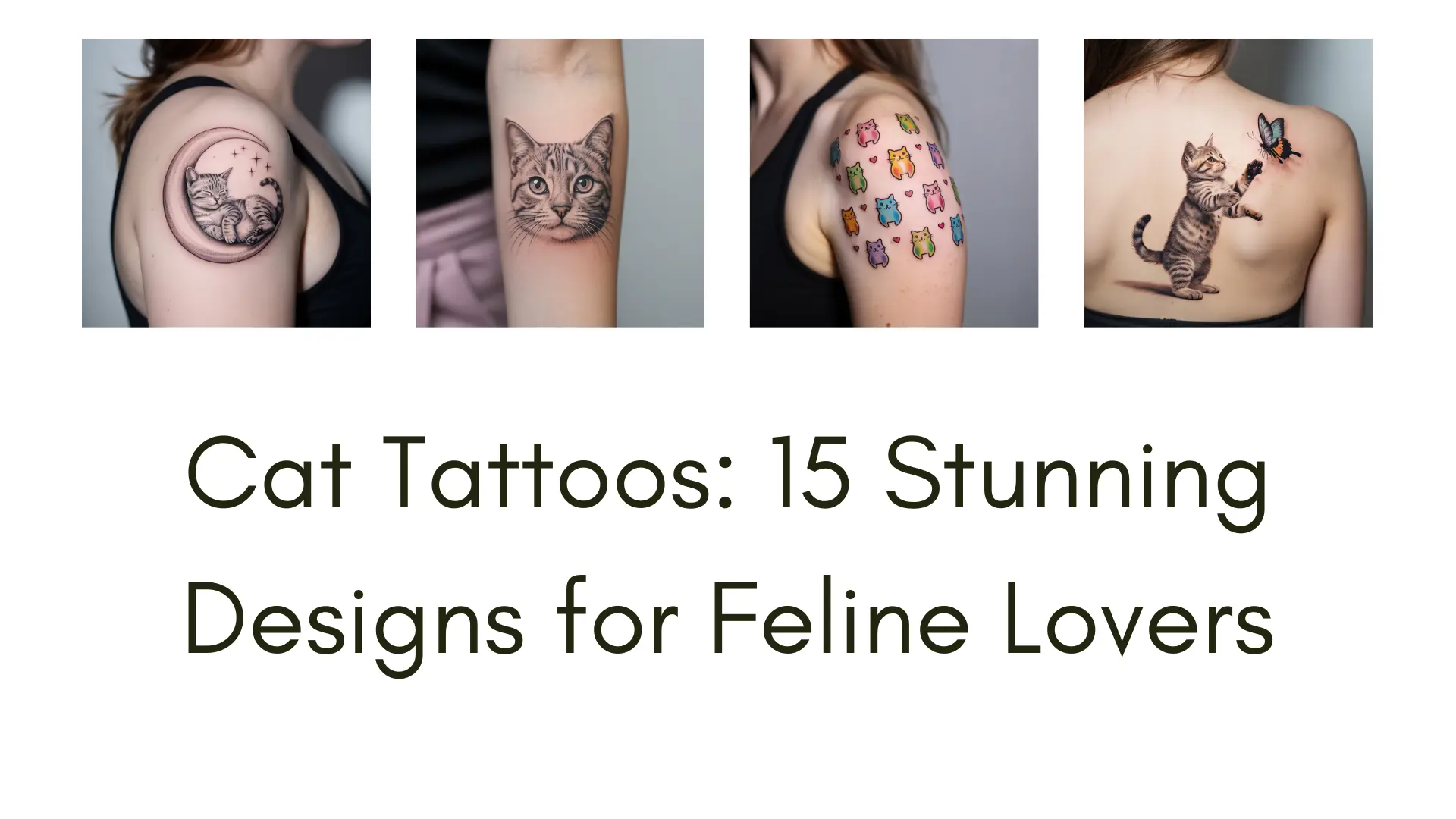 Vibrant watercolor cat tattoo design with a playful feline surrounded by colorful floral and celestial elements on a white background.