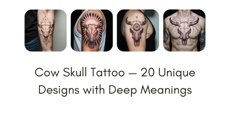Realistic cow skull tattoo designs on human skin, showcasing 20 unique styles including floral, tribal, geometric, Western, and mystical elements, symbolizing strength, resilience, and spirituality