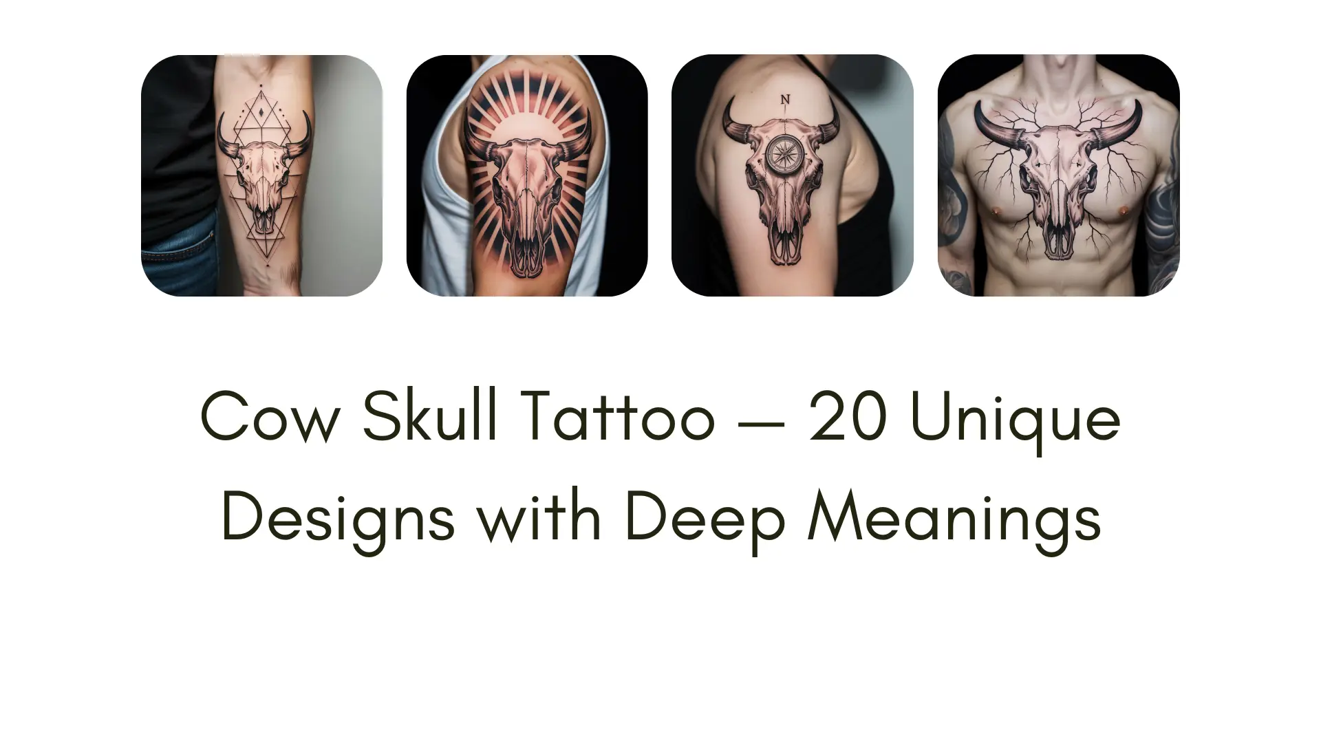 Realistic cow skull tattoo designs on human skin, showcasing 20 unique styles including floral, tribal, geometric, Western, and mystical elements, symbolizing strength, resilience, and spirituality