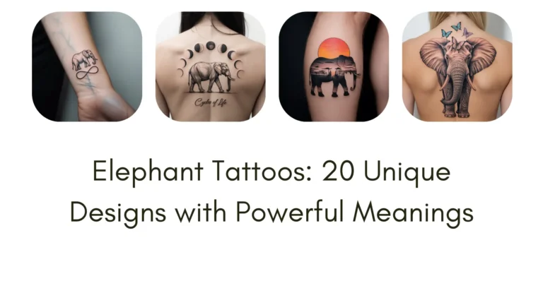Realistic elephant tattoo designs on different body parts, including celestial, mandala, watercolor, tribal, and minimalist elephant tattoos, symbolizing strength, wisdom, and family bonds.