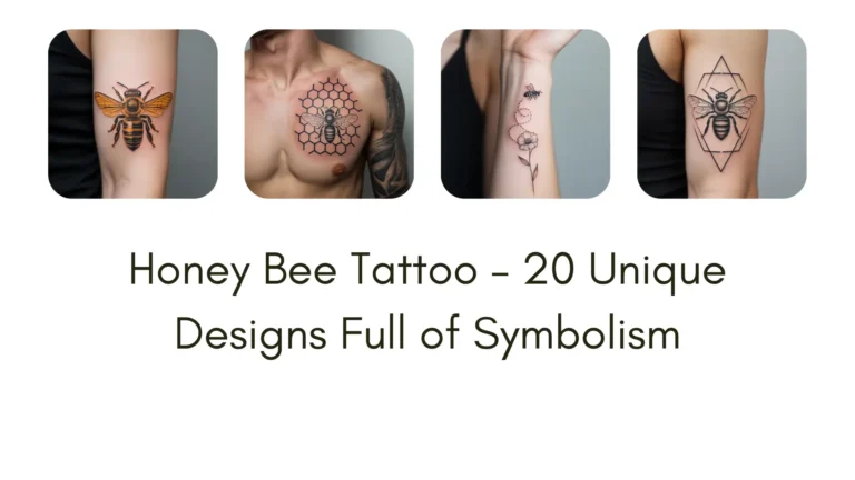 Realistic honey bee tattoo designs with golden wings, honeycomb patterns, and symbolic bee art on different body parts – unique honey bee tattoo inspiration