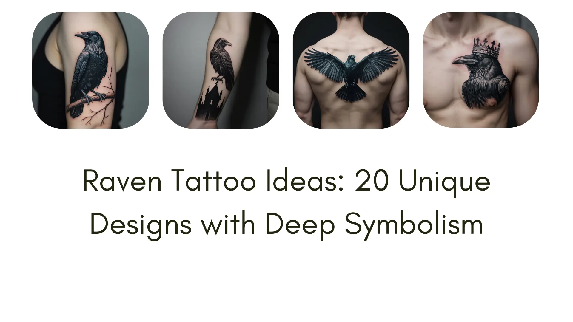 Collection of unique raven tattoo designs on arms, chest, back, and thighs — realistic black and gray raven tattoos with deep symbolism and meaning.