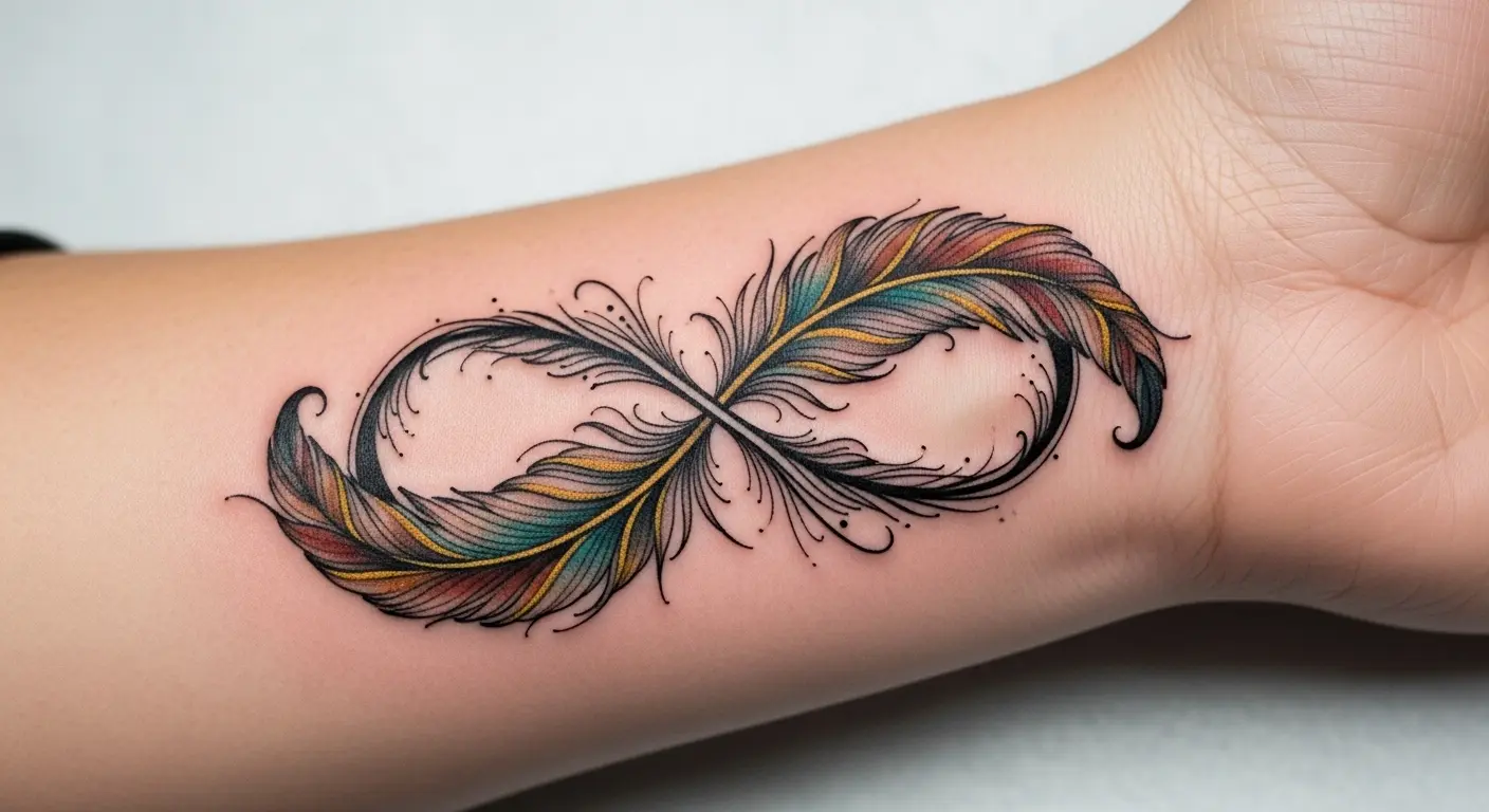 Feathered Infinity Bohemian tattoo – Infinity symbol integrated with ornate feathers on wrist.