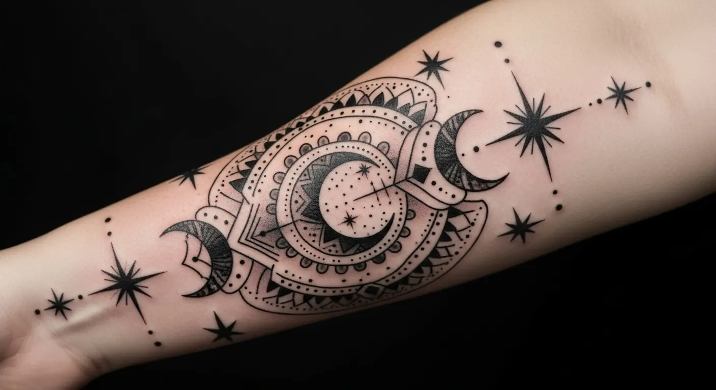 Celestial Gypsy Bohemian tattoo – Stars, moons, and abstract Boho patterns on arm.