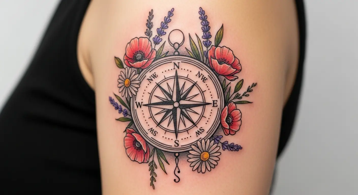Wildflower Compass Bohemian tattoo – Compass surrounded by wildflowers for guidance on upper arm.