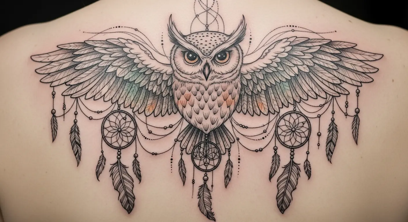Boho Spirit Owl Bohemian tattoo – Owl with dreamcatcher wings and ethereal accents on back.