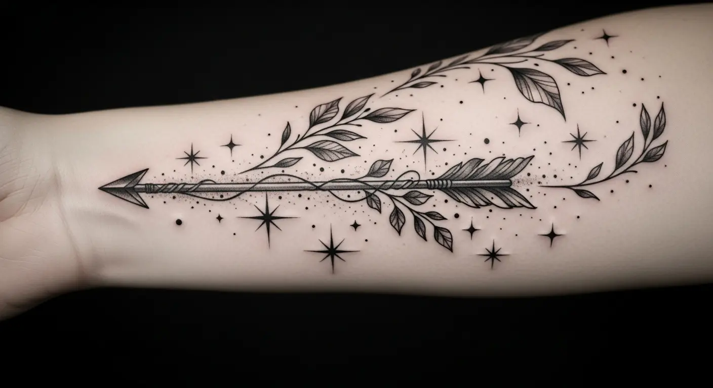 Starlit Arrow Path Bohemian tattoo – Arrow piercing through a trail of stars and leaves on forearm.