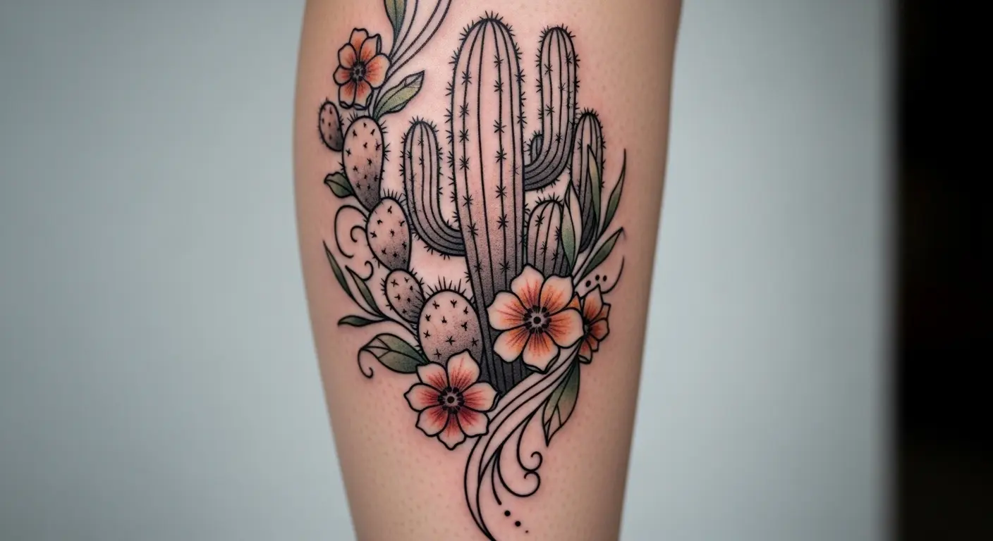 Desert Bloom Bohemian tattoo – Cacti and desert flowers intertwined in a detailed Bohemian style on calf.