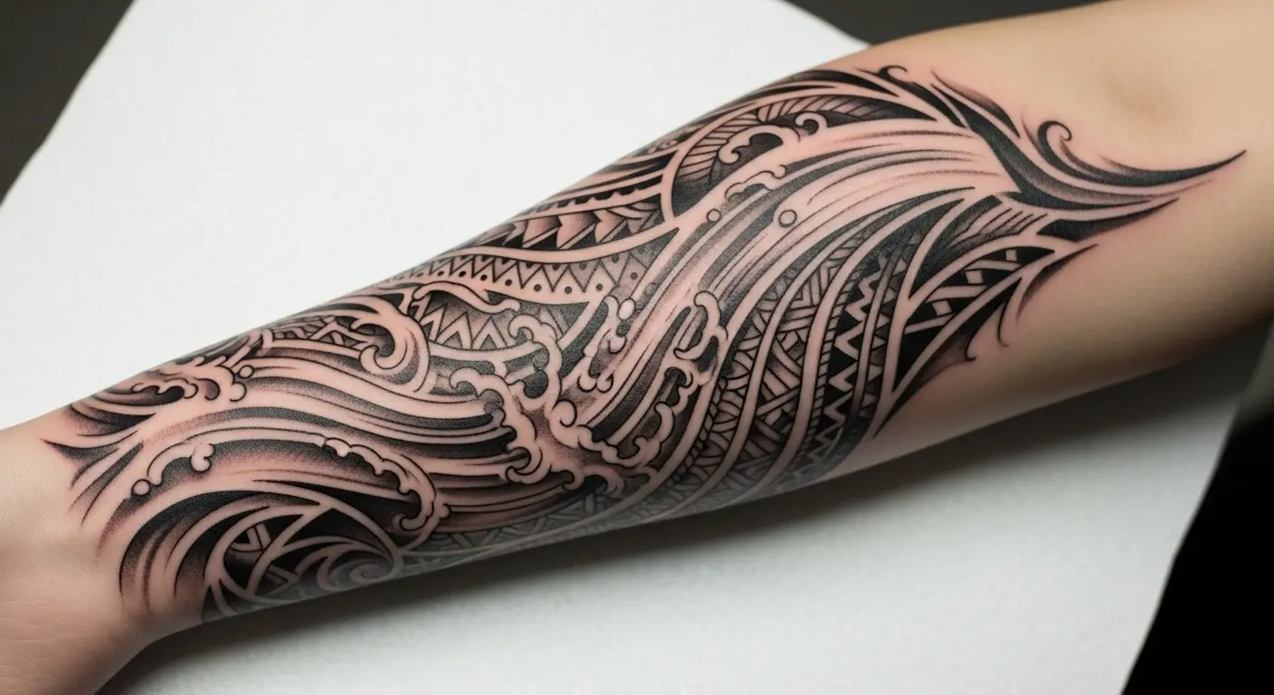 Tribal Waterfall Bohemian tattoo – Flowing lines resembling water and tribal ink on forearm.