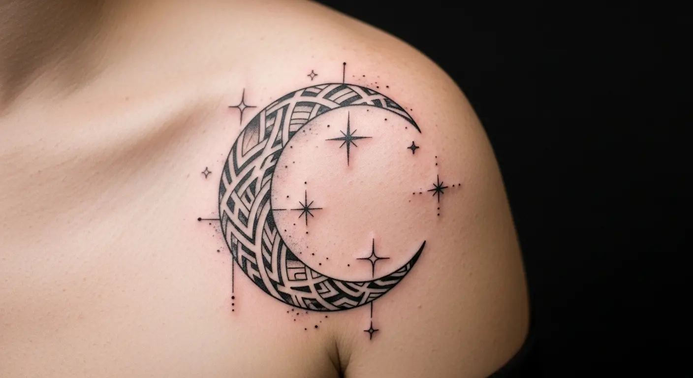 Moonlit Nomad Bohemian tattoo – Crescent moon with tribal linework and stars on shoulder.