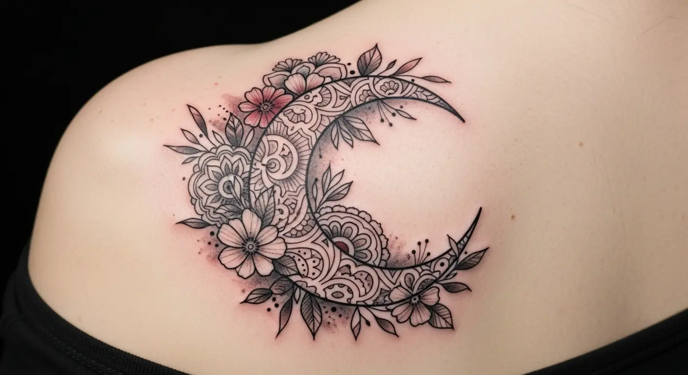 Nomad’s Crescent Bohemian tattoo – Crescent moon encircled by Boho floral designs on shoulder.