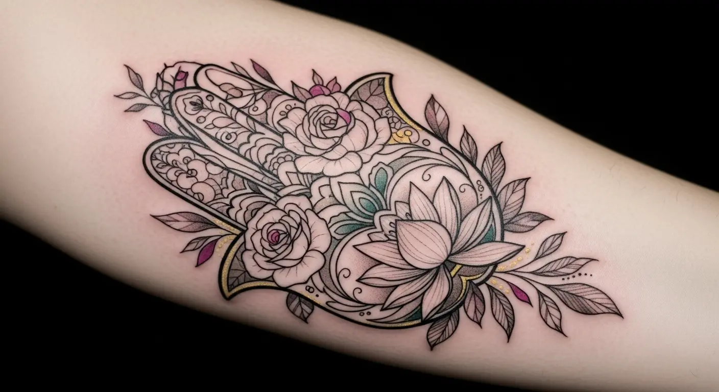 Mystic Hamsa Bloom Bohemian tattoo – Hamsa hand integrated with floral motifs on inner forearm.