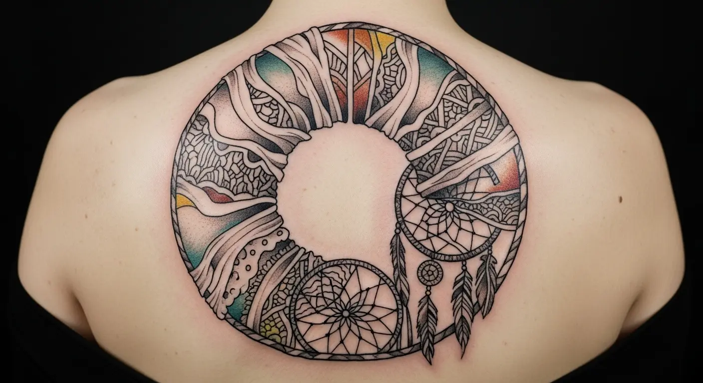Woven Spirit Circle Bohemian tattoo – Circular tattoo combining woven textures and Boho elements on back.