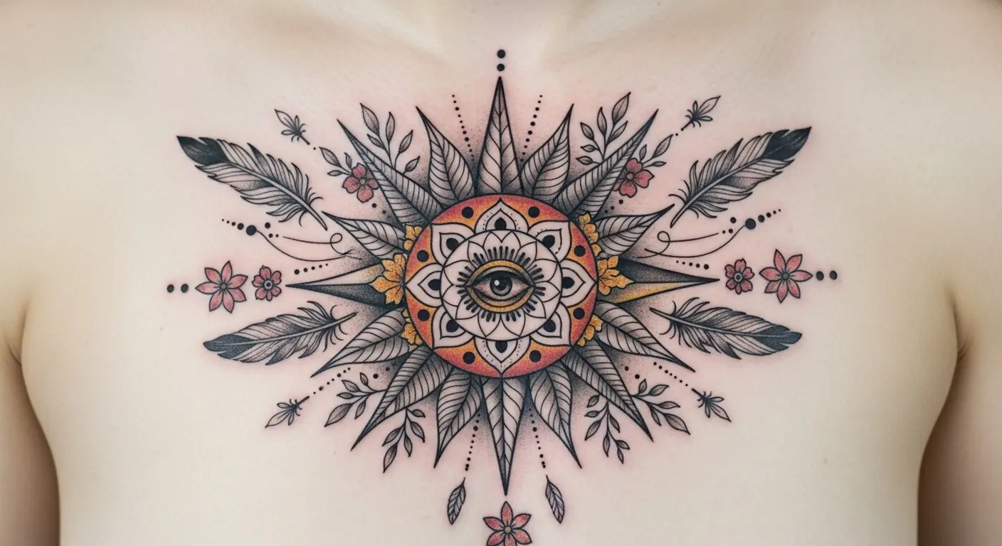 Sun Chaser Bohemian tattoo – Bohemian sun with tribal and floral details on chest.
