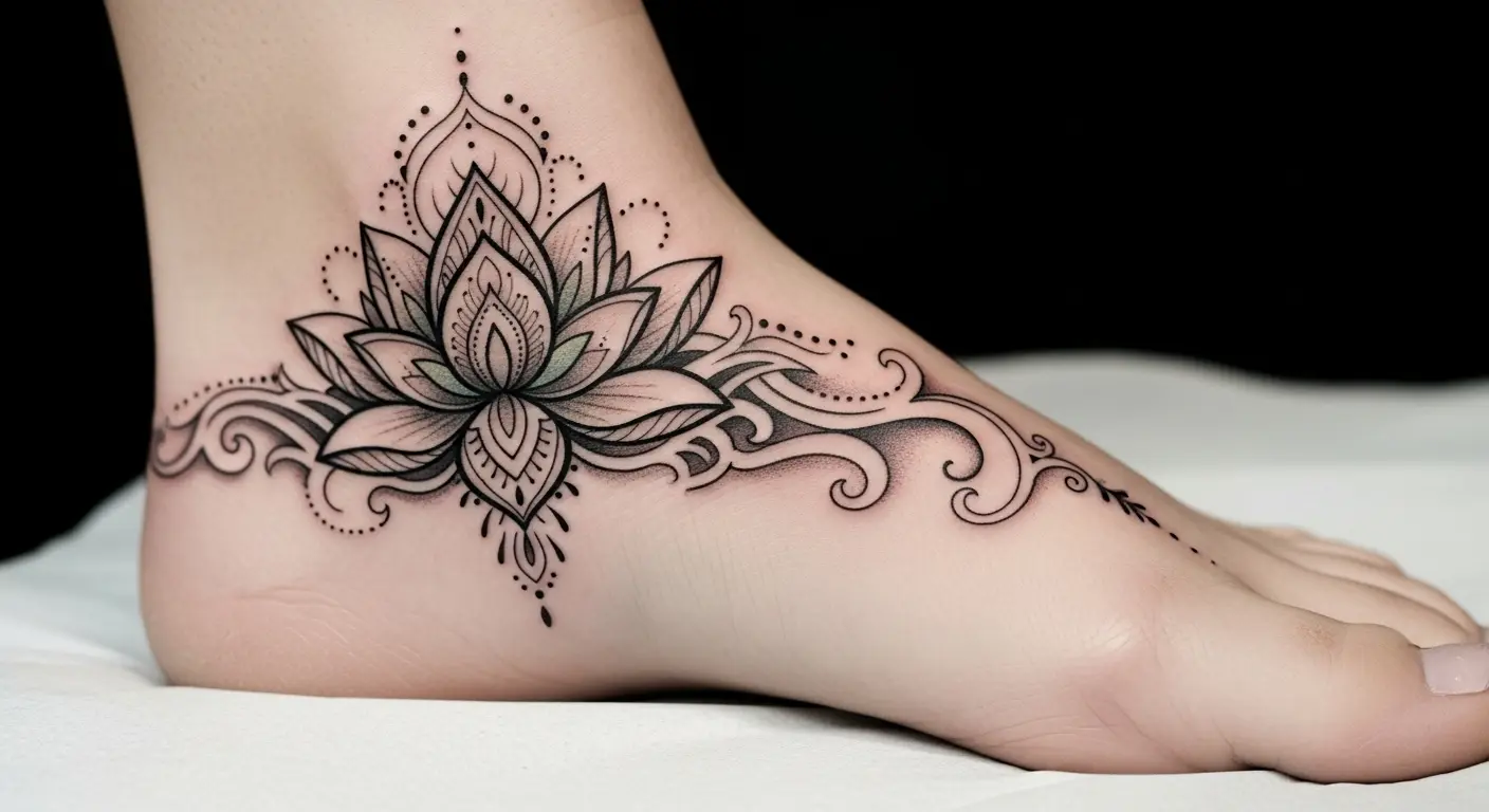 Nomadic Lotus Bohemian tattoo – Lotus flower with tribal and wave patterns on ankle.