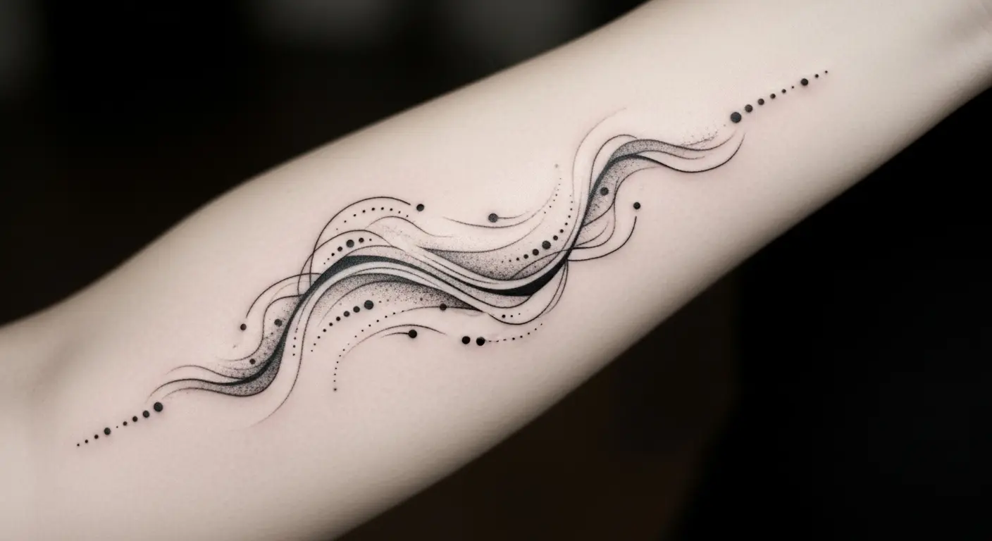 Ethereal Wanderer Bohemian tattoo – Abstract lines and dots forming a mystical path on inner arm.