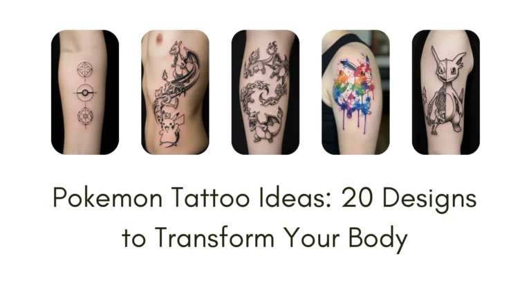 "Pokemon tattoo ideas collection showcasing 20 unique designs including pokeball constellation, evolution spiral, and elemental mandala tattoos on various body placements"
