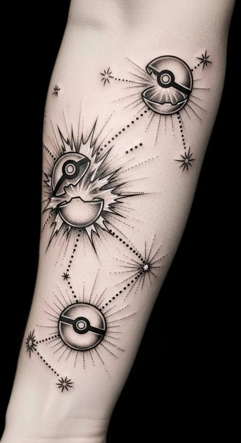 "Pokemon tattoo featuring mystic pokeball constellation design on forearm with dotwork stars and connecting lines in black ink"